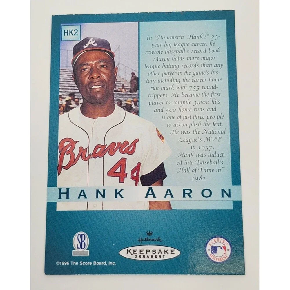 1997 Hallmark Hank Aaron At The Ballpark Christmas Tree Ornament & Trading Card